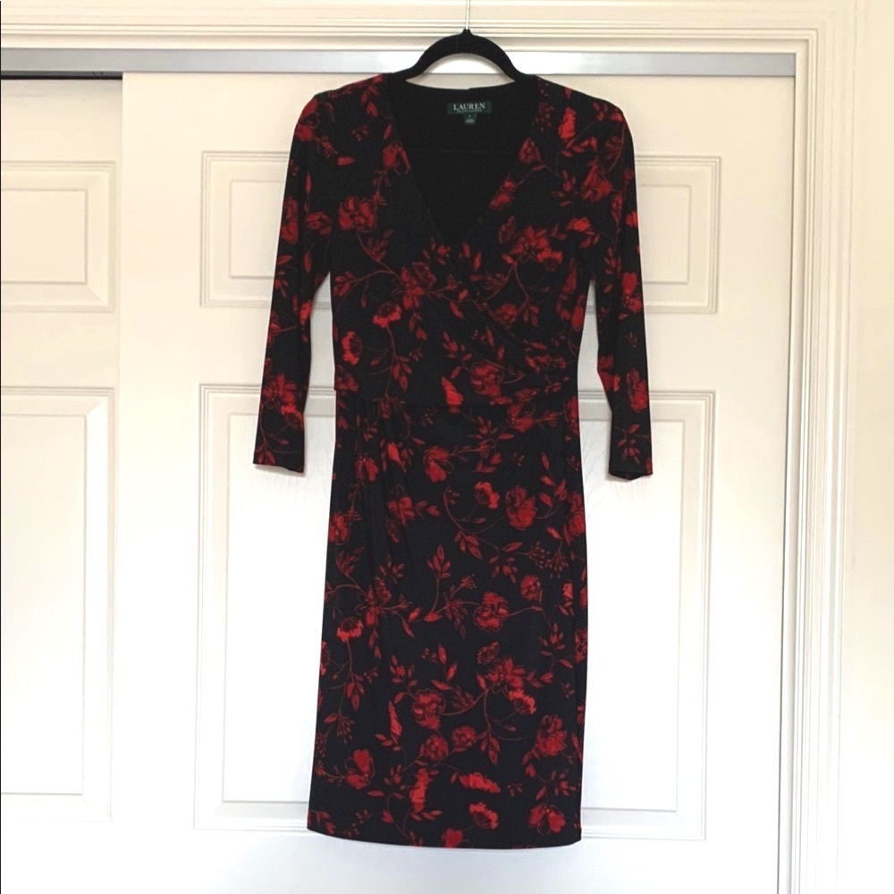 Lauren Ralph Lauren Floral Printed Faux Wrap Dress Women’s 4 Black and Red